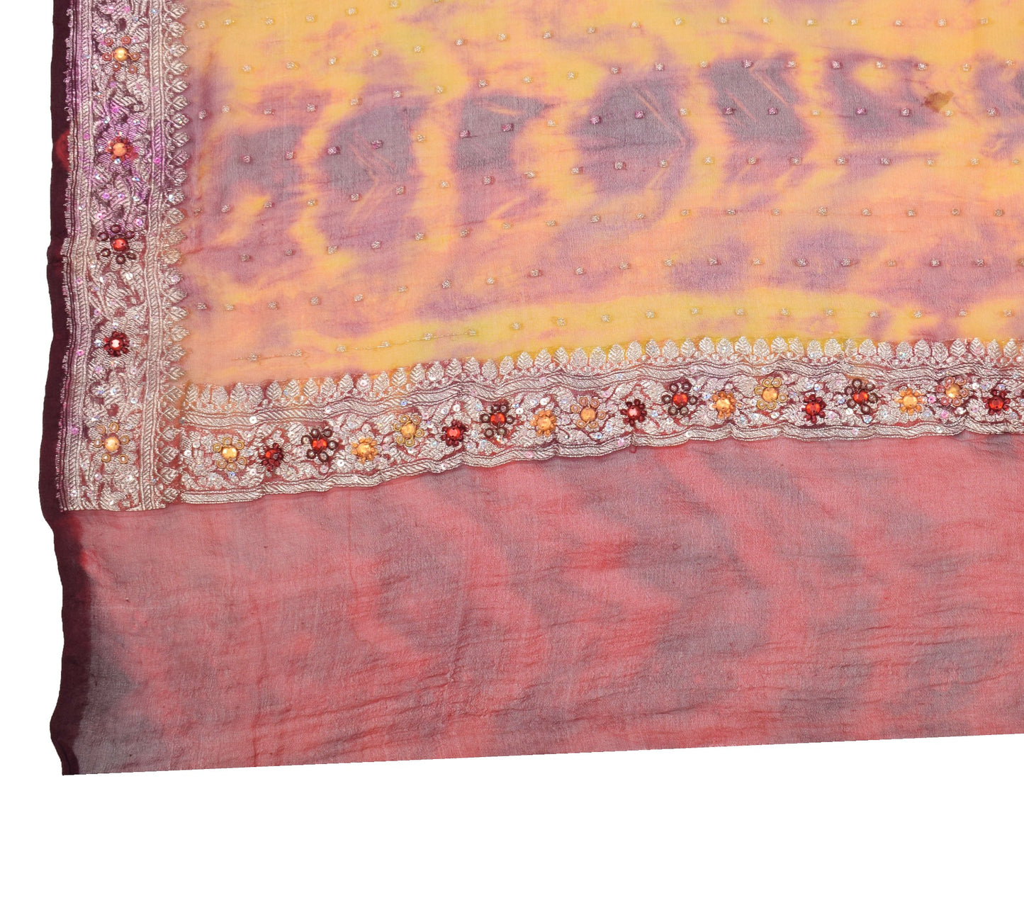 Sushila Vintage Yellow Tie-Dye Dupatta Pure Georgette Banarasi Brocade LongStole