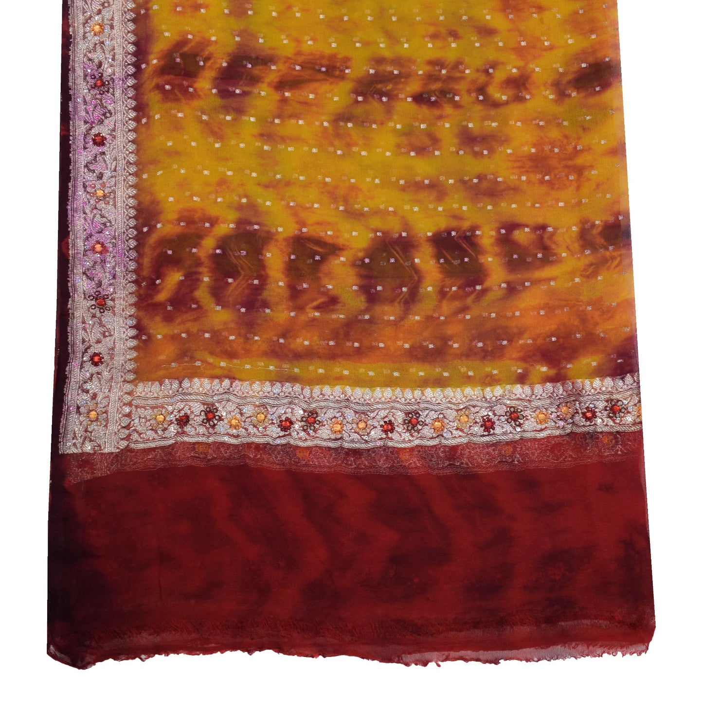 Sushila Vintage Yellow Tie-Dye Dupatta Pure Georgette Banarasi Brocade LongStole