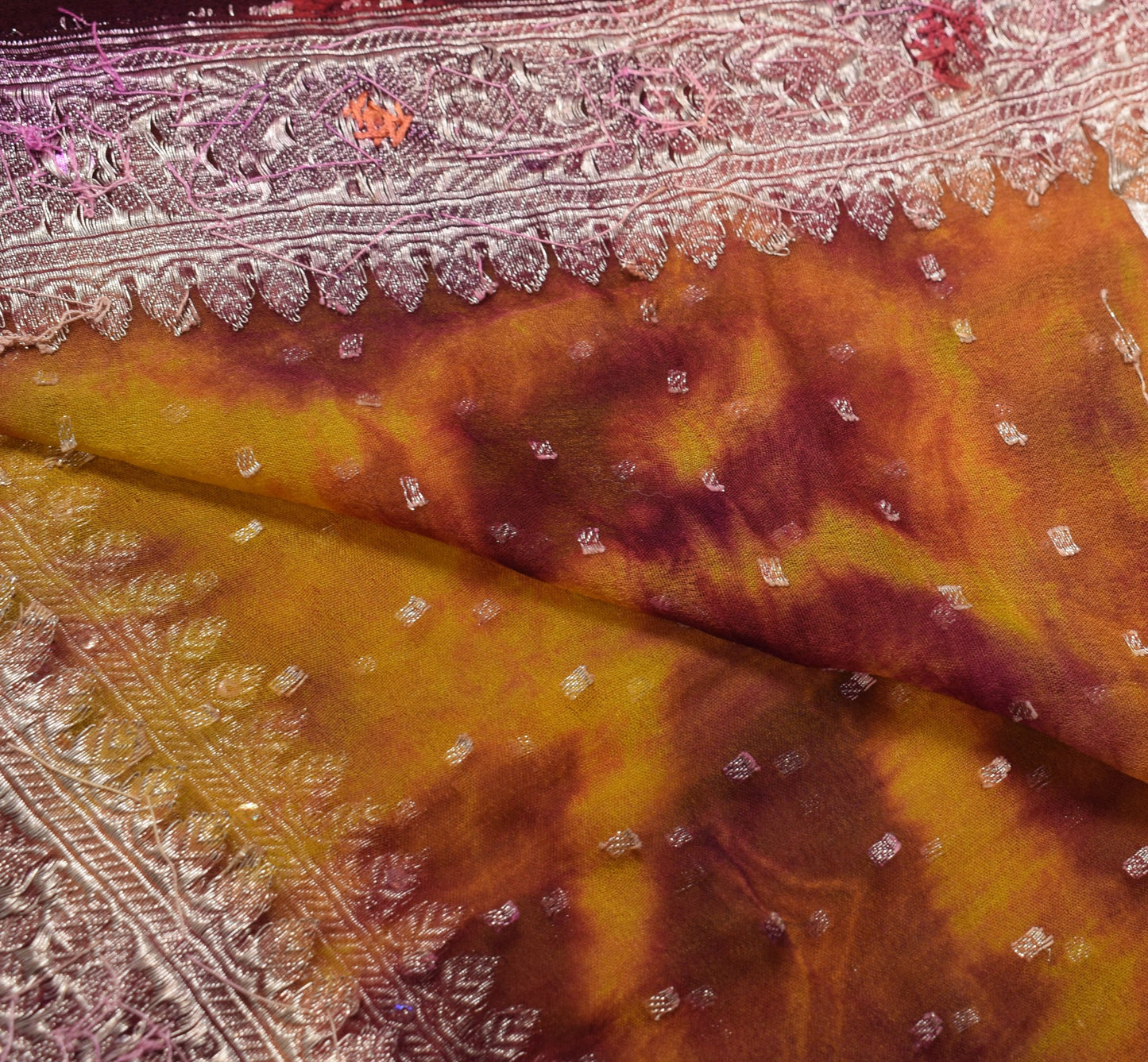 Sushila Vintage Yellow Tie-Dye Dupatta Pure Georgette Banarasi Brocade LongStole