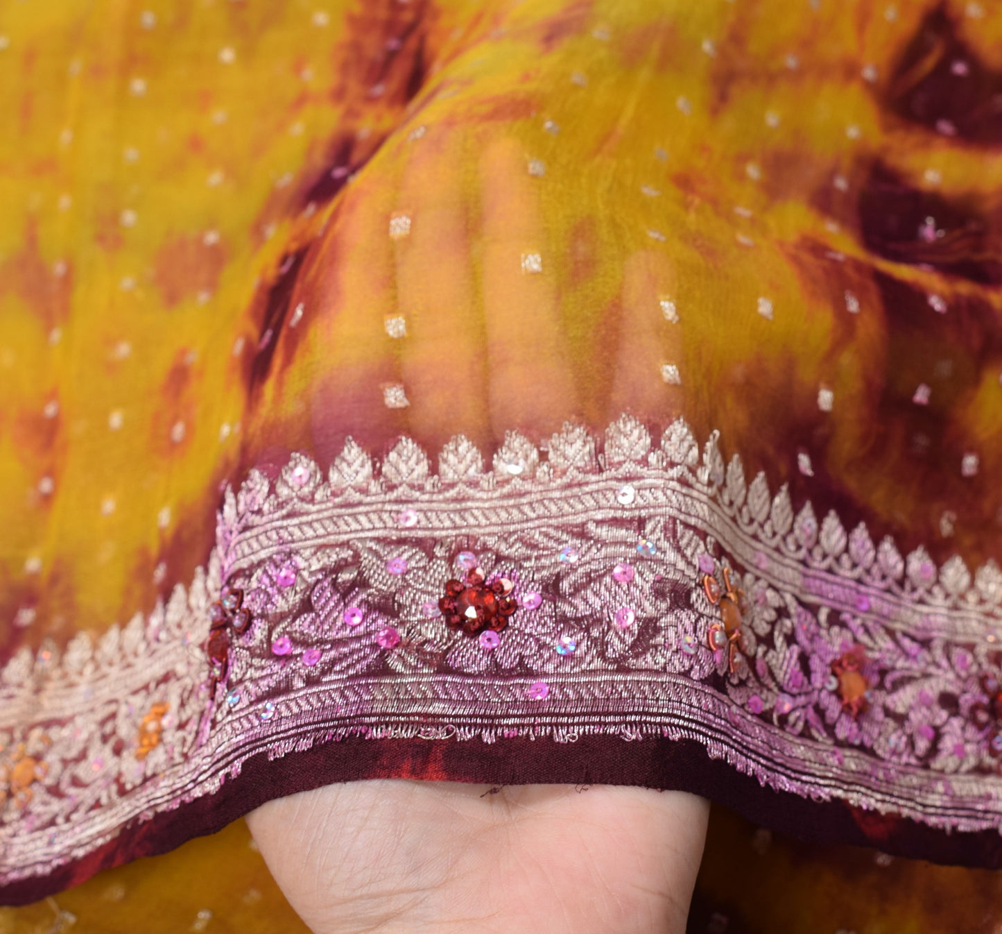 Sushila Vintage Yellow Tie-Dye Dupatta Pure Georgette Banarasi Brocade LongStole
