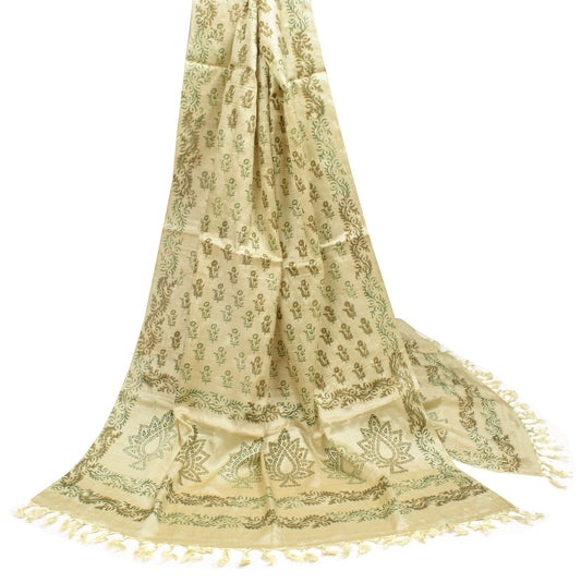 Sushila Vintage Cream Dupatta 100% Pure Rayon Hand Block Printed Long Stole Wrap