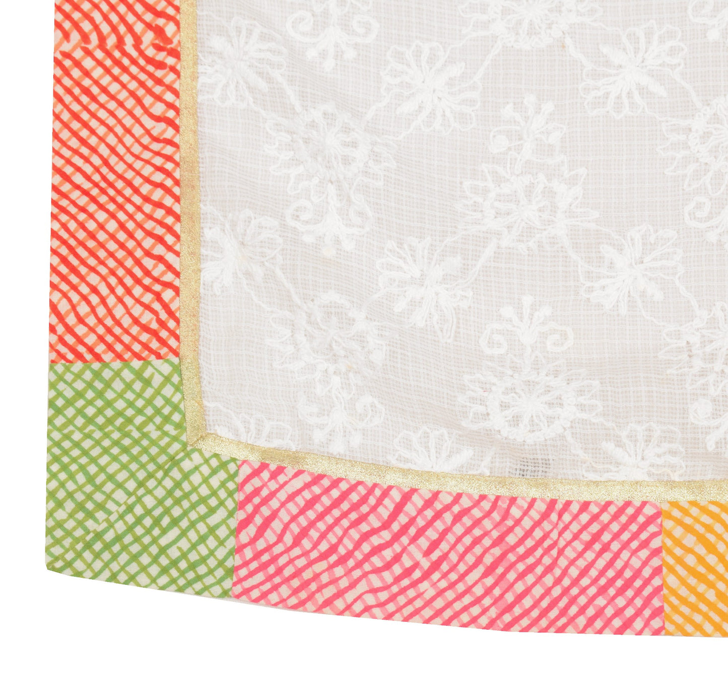 Sushila Vintage Hand Embroidered Dupatta Patch Work Lace White Kota Doria Stole