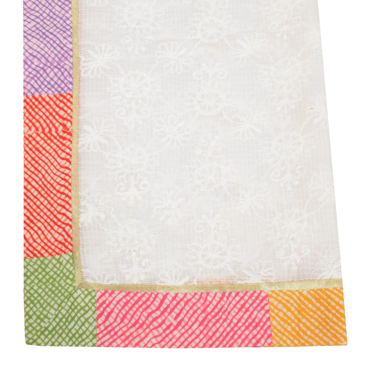 Sushila Vintage Hand Embroidered Dupatta Patch Work Lace White Kota Doria Stole