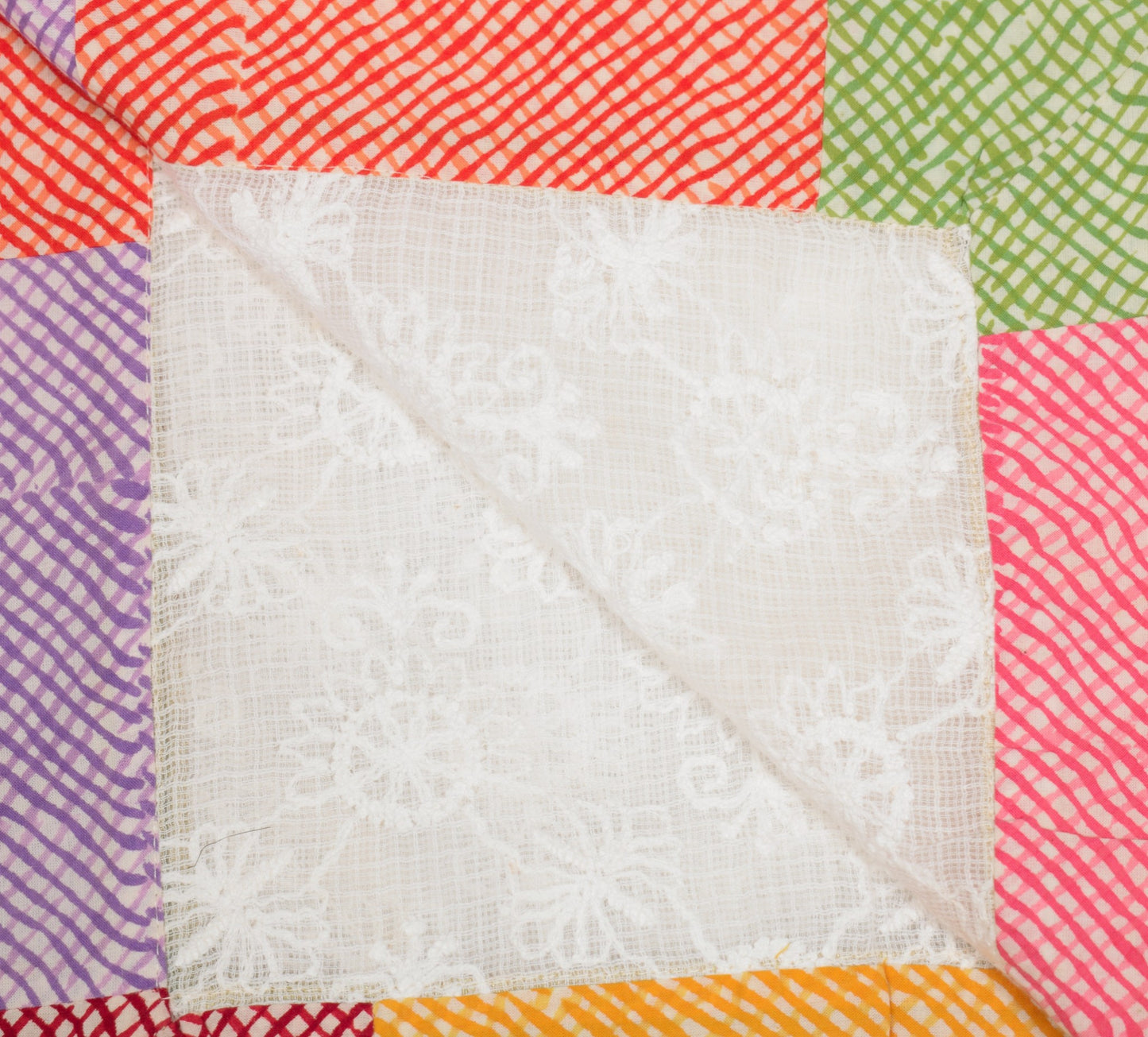 Sushila Vintage Hand Embroidered Dupatta Patch Work Lace White Kota Doria Stole