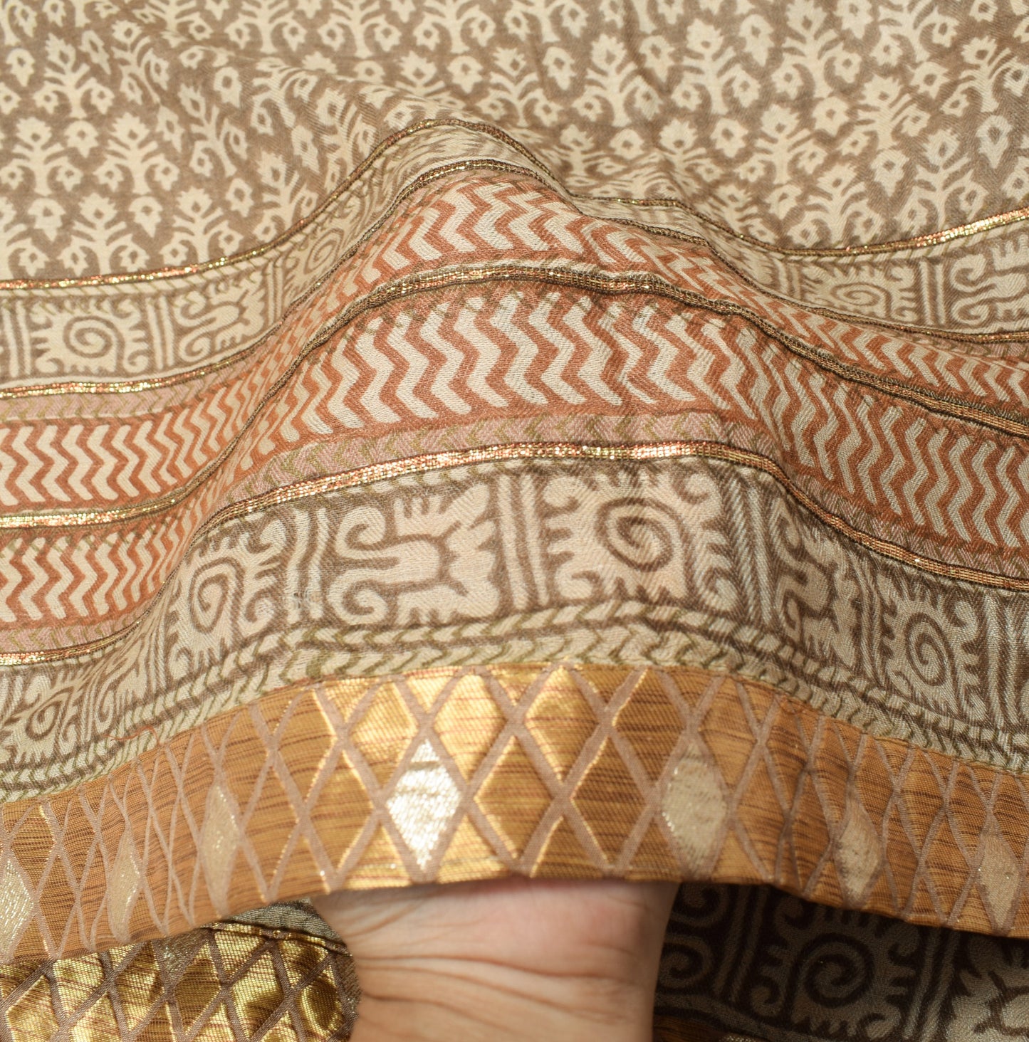 Sushila Vintage Brown Floral Dupatta Hand Block Printed Pure Woolen Shawl Stole