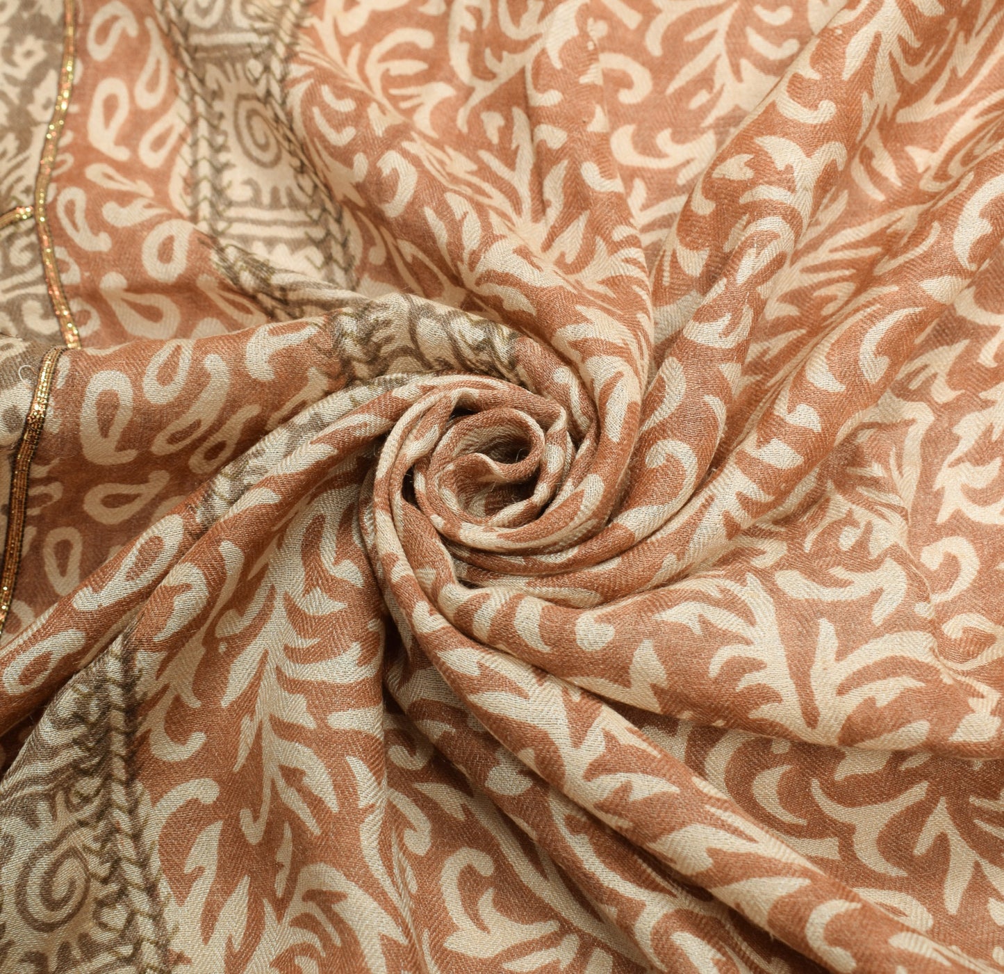 Sushila Vintage Brown Floral Dupatta Hand Block Printed Pure Woolen Shawl Stole