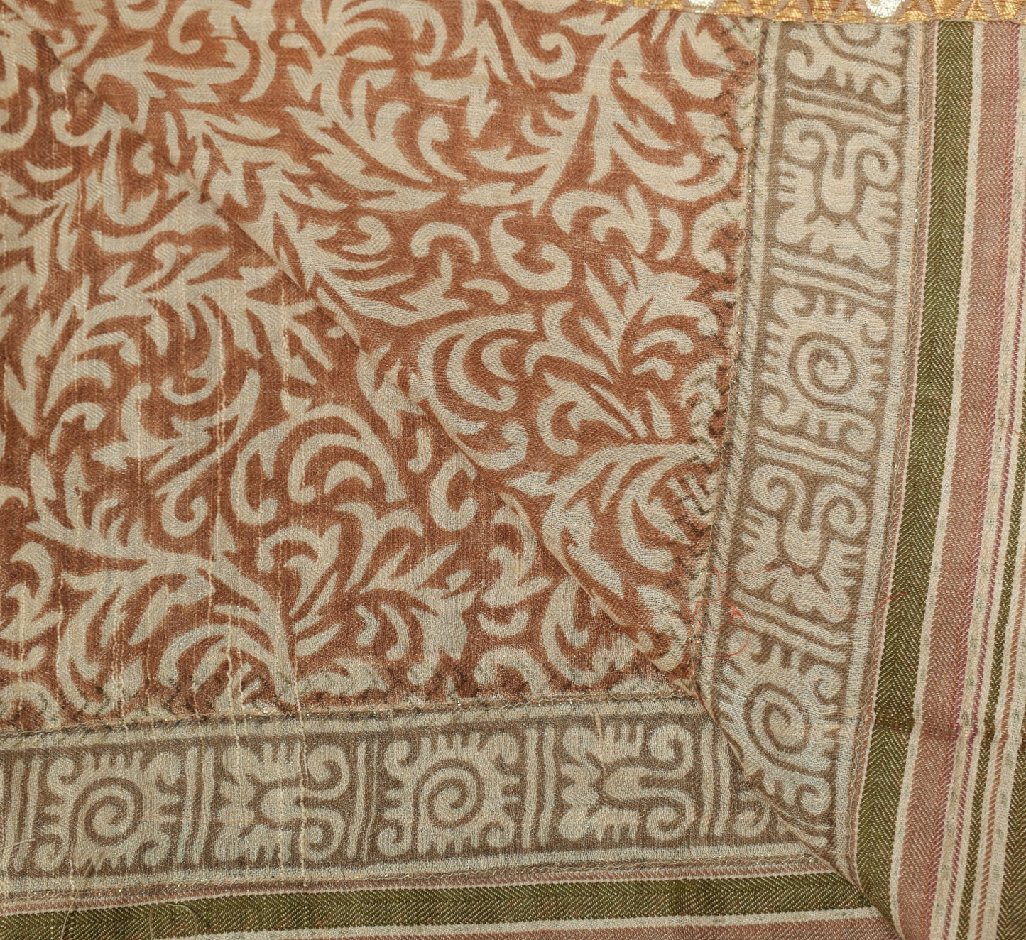 Sushila Vintage Brown Floral Dupatta Hand Block Printed Pure Woolen Shawl Stole