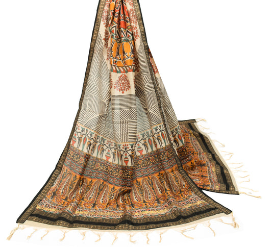 Sushila Vintage Folk Art Motifs Print Dupatta Pure Cotton Silk Cream Long Stole