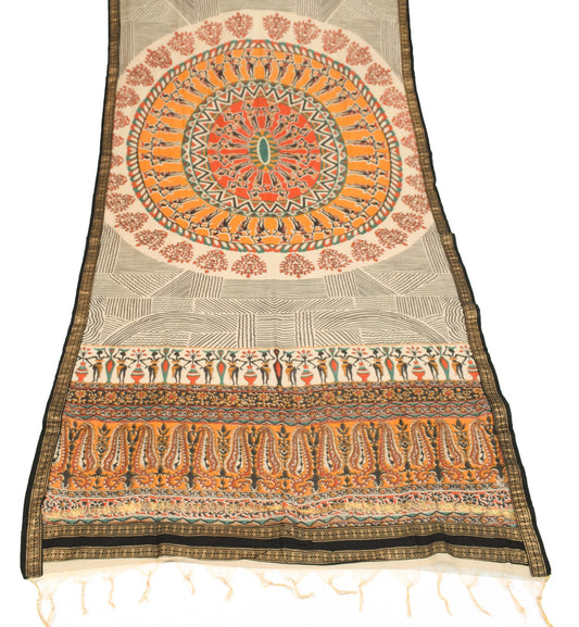 Sushila Vintage Folk Art Motifs Print Dupatta Pure Cotton Silk Cream Long Stole