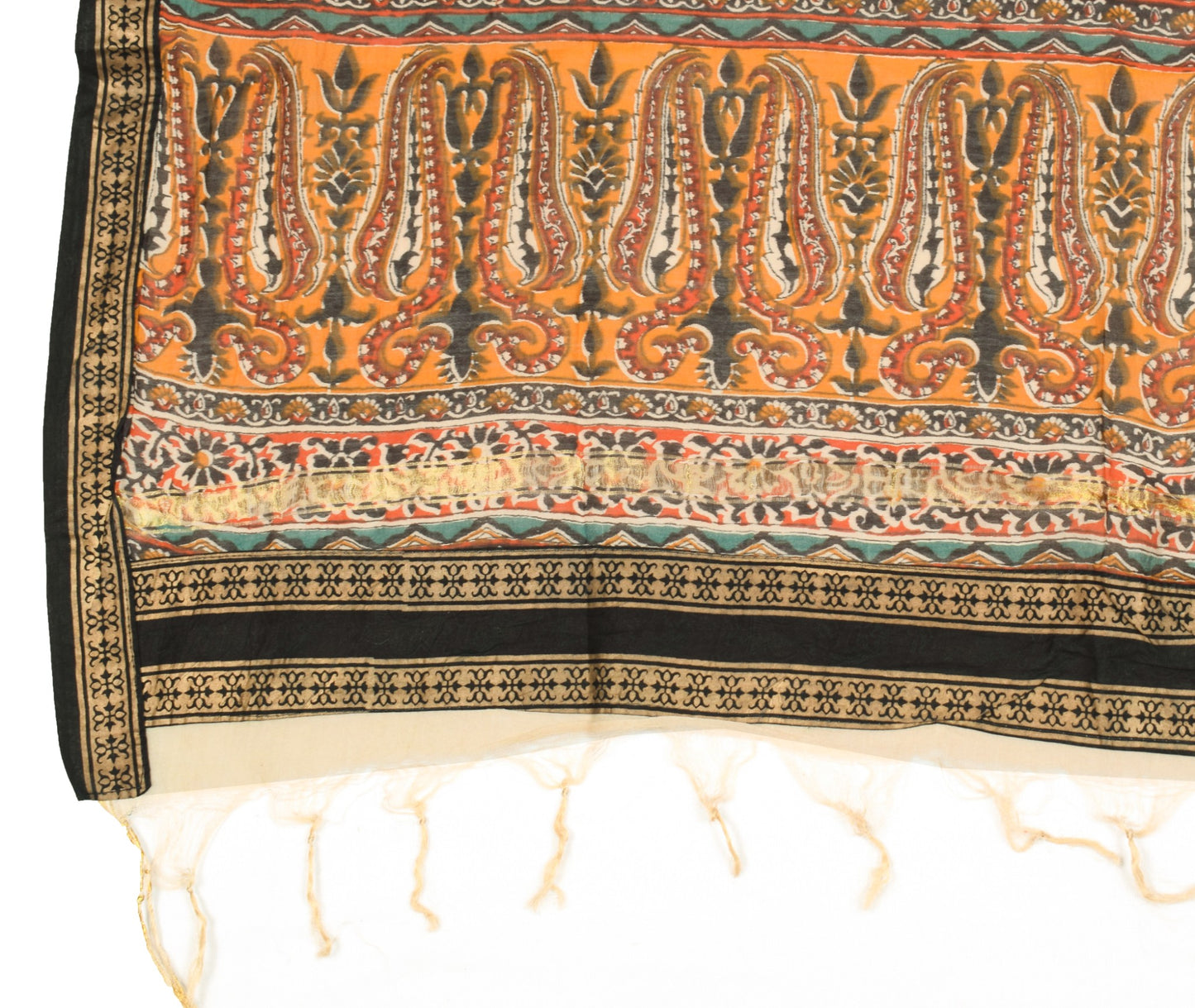 Sushila Vintage Folk Art Motifs Print Dupatta Pure Cotton Silk Cream Long Stole