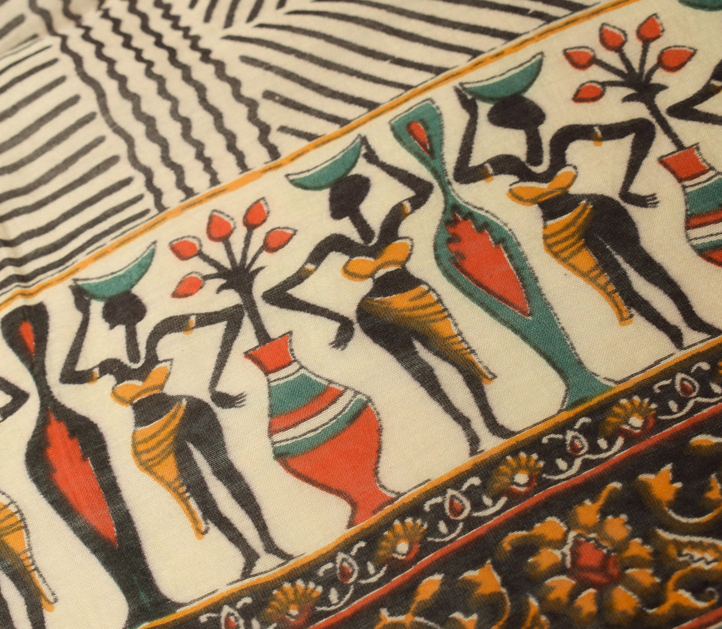 Sushila Vintage Folk Art Motifs Print Dupatta Pure Cotton Silk Cream Long Stole