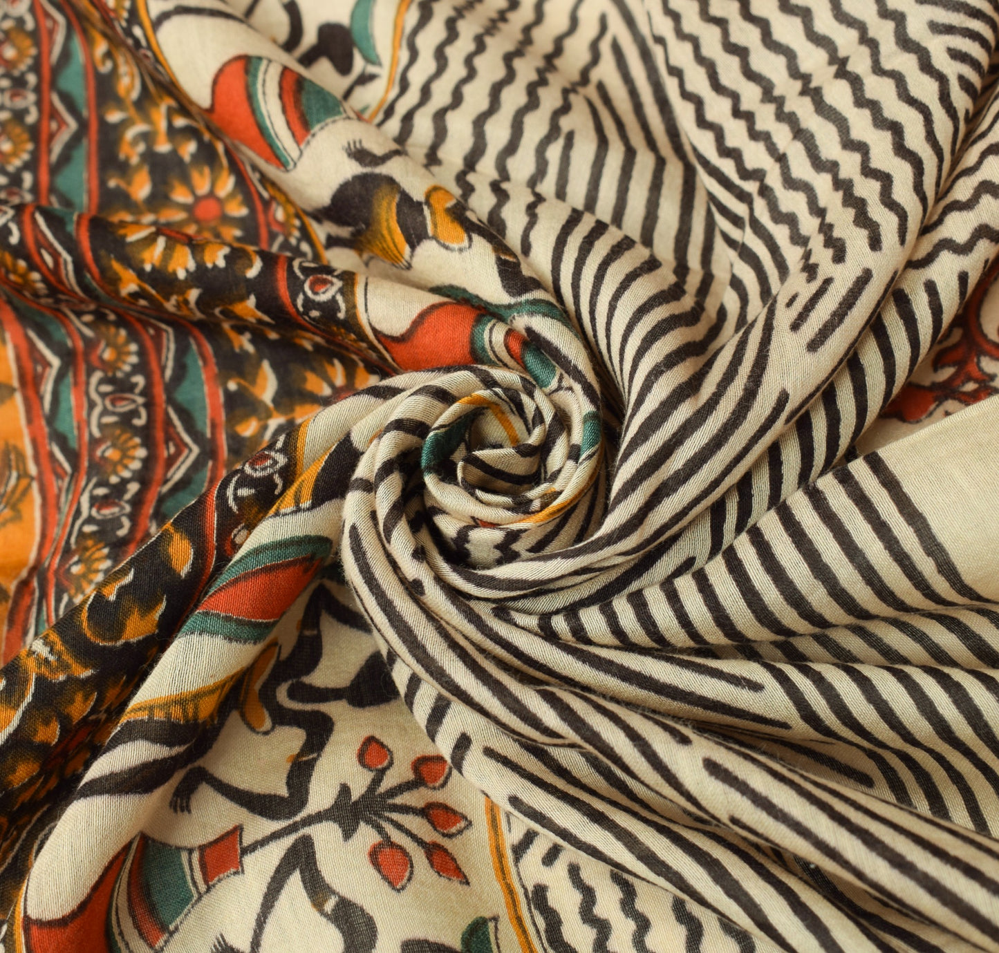 Sushila Vintage Folk Art Motifs Print Dupatta Pure Cotton Silk Cream Long Stole