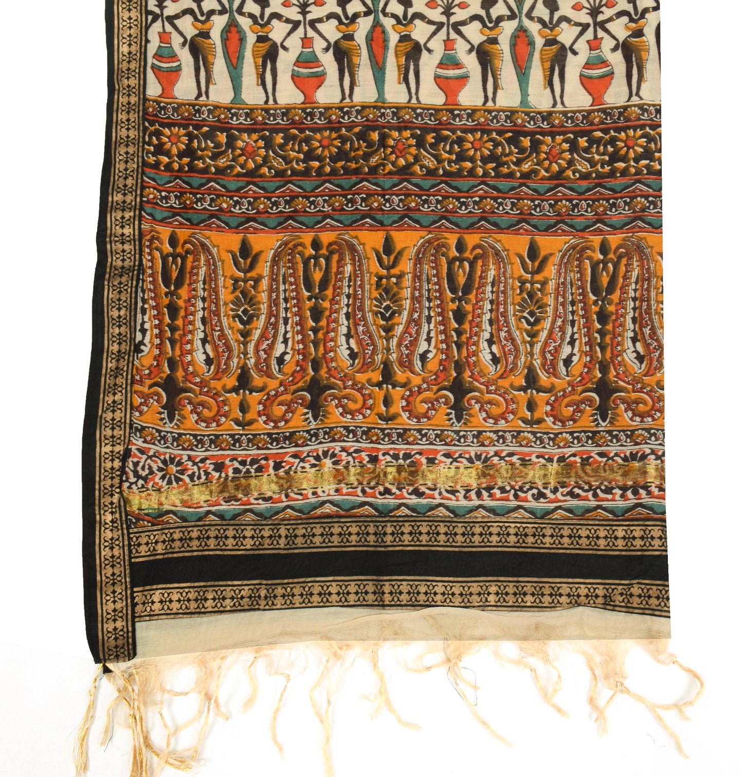 Sushila Vintage Folk Art Motifs Print Dupatta Pure Cotton Silk Cream Long Stole