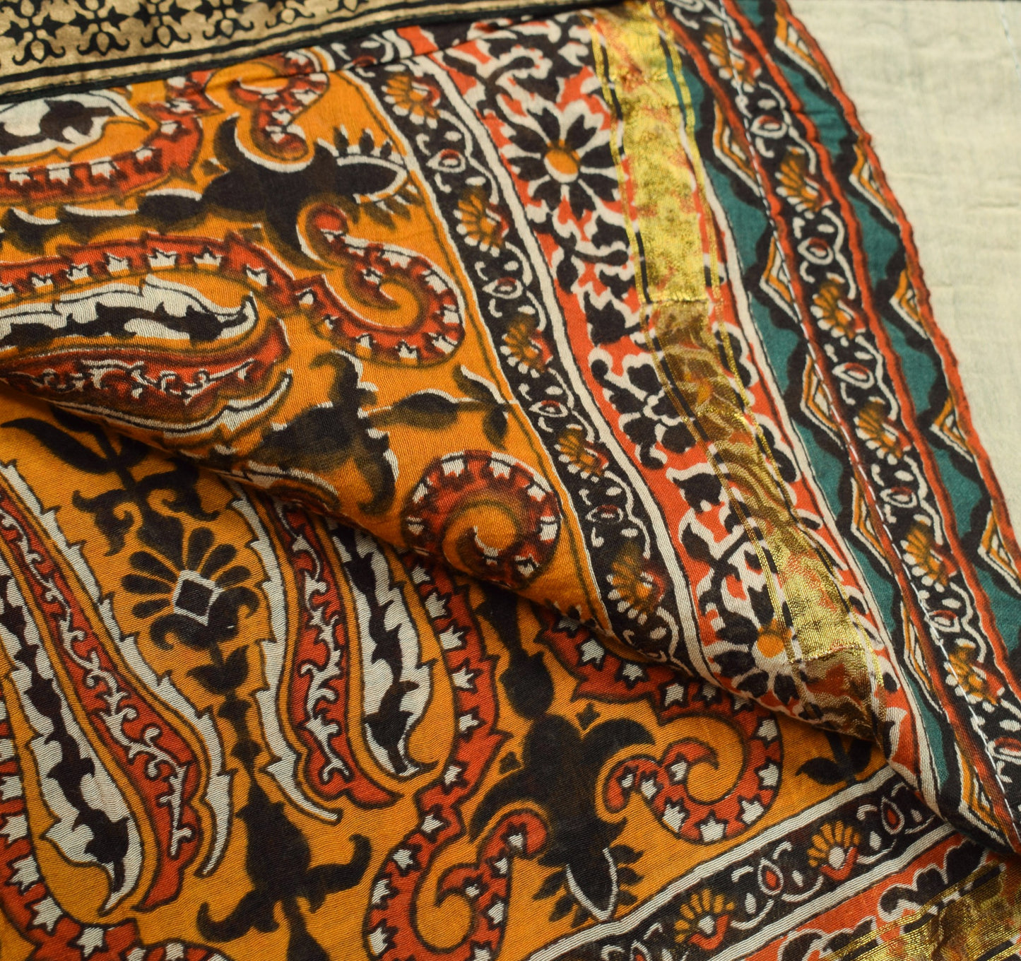 Sushila Vintage Folk Art Motifs Print Dupatta Pure Cotton Silk Cream Long Stole