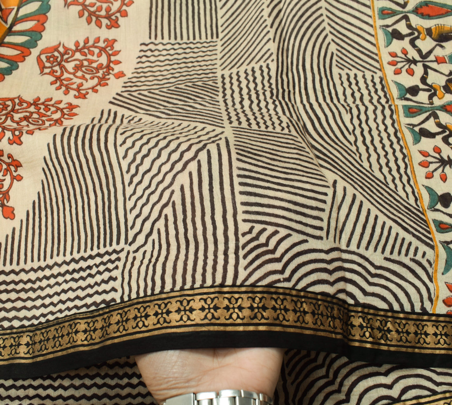 Sushila Vintage Folk Art Motifs Print Dupatta Pure Cotton Silk Cream Long Stole