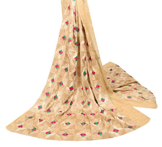 Sushila Vintage Bagh Phulkari Heavy Dupatta Art Silk Light Brown Long Stole Wrap