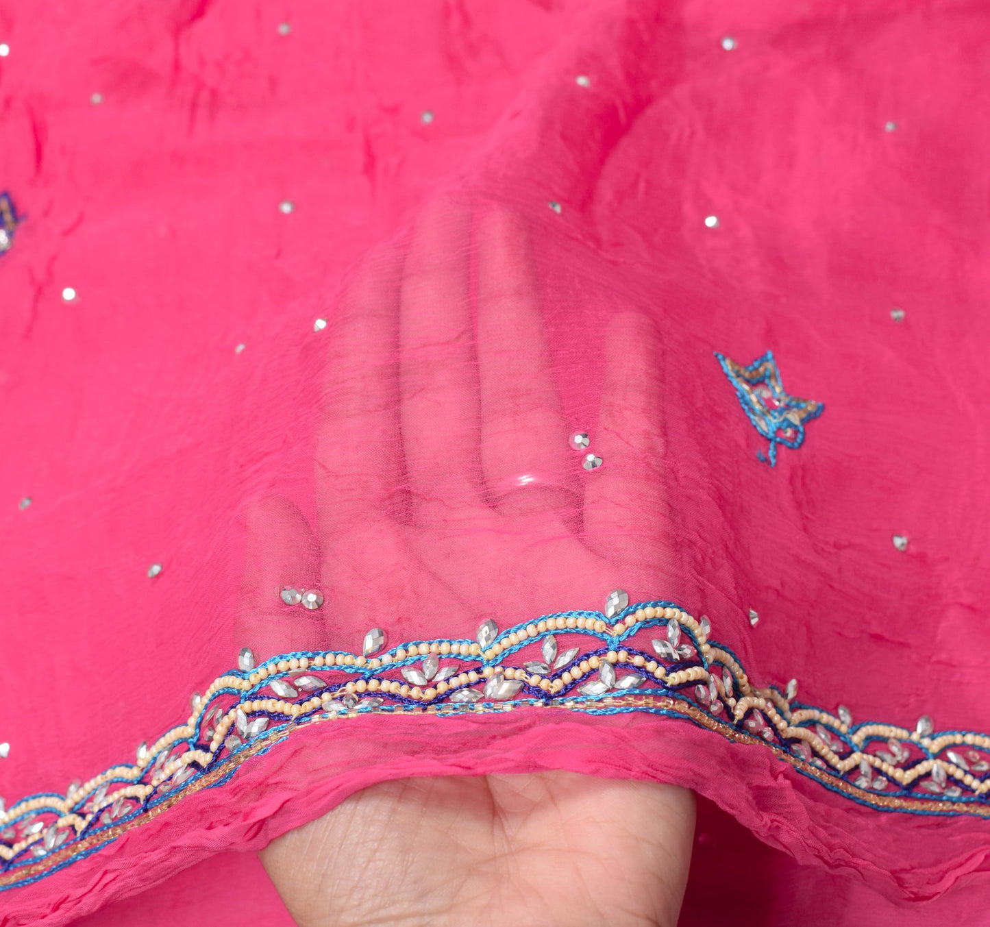 Sushila Vintage Pink Pure Chiffon Silk Dupatta Hand Beaded Floral Long Stole