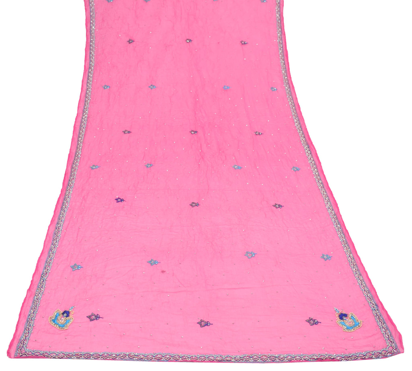 Sushila Vintage Pink Pure Chiffon Silk Dupatta Hand Beaded Floral Long Stole
