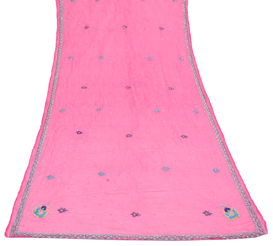 Sushila Vintage Pink Pure Chiffon Silk Dupatta Hand Beaded Floral Long Stole