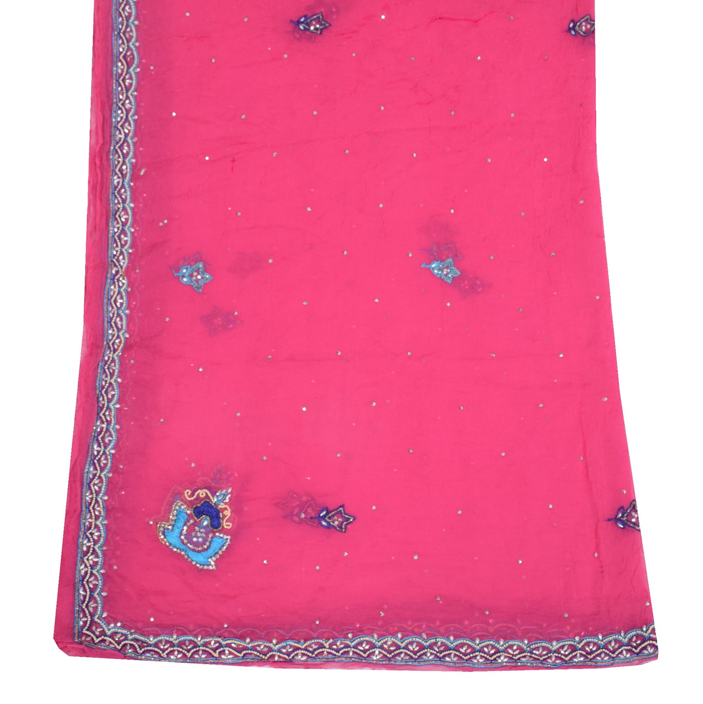 Sushila Vintage Pink Pure Chiffon Silk Dupatta Hand Beaded Floral Long Stole