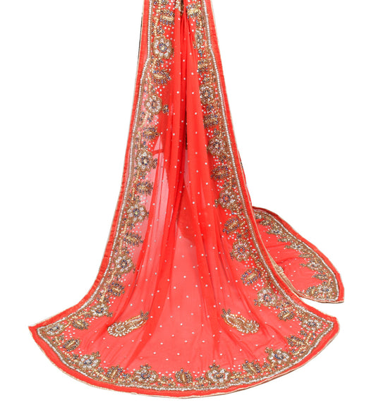 Sushila Vintage Red Heavy Dupatta Pure Chiffon Glass Beads Embellish Long Stole