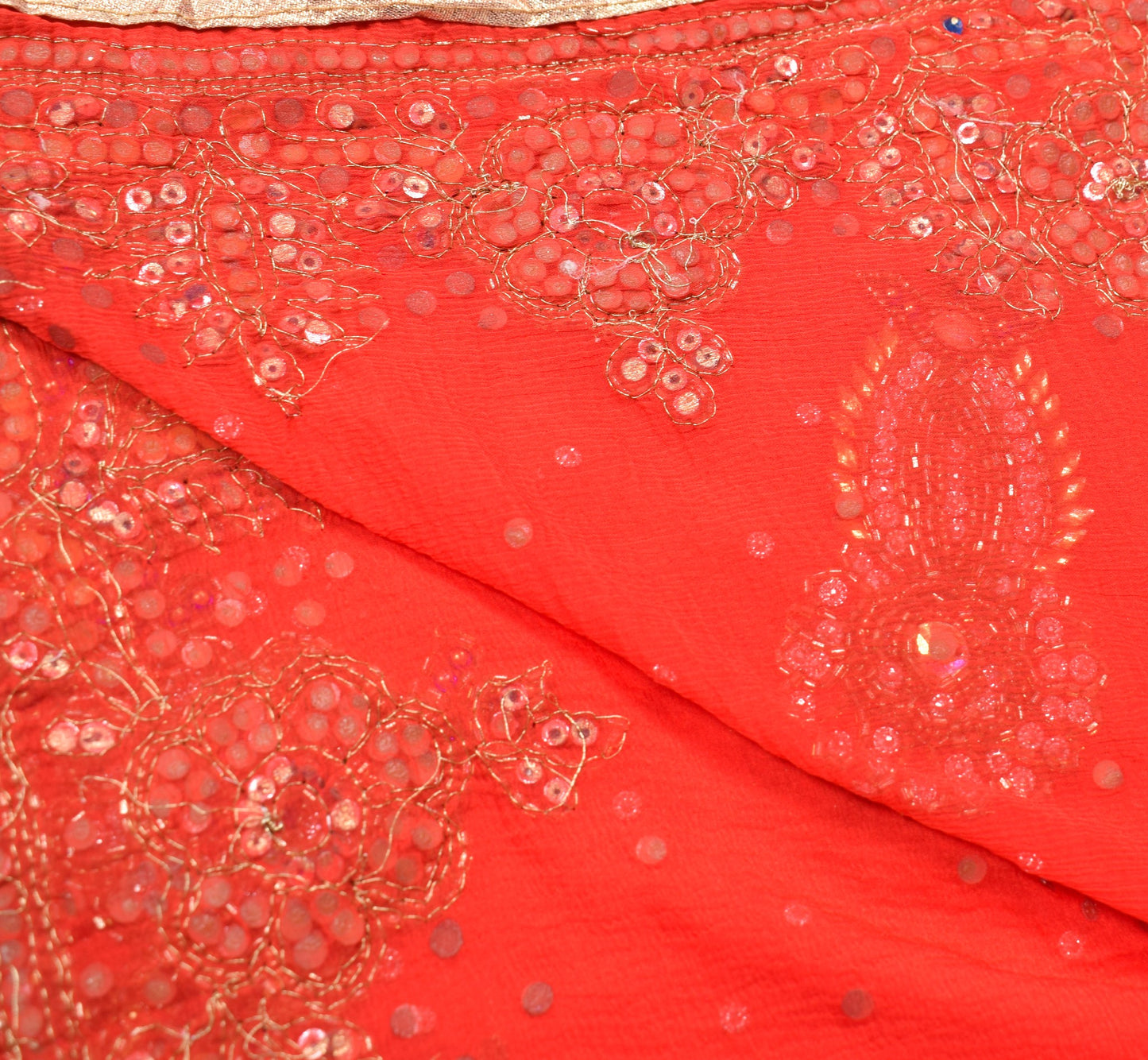Sushila Vintage Red Heavy Dupatta Pure Chiffon Glass Beads Embellish Long Stole