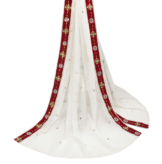 Sushila Vintage White Dupatta with Red Mirror Border Art Georgette Long Stole