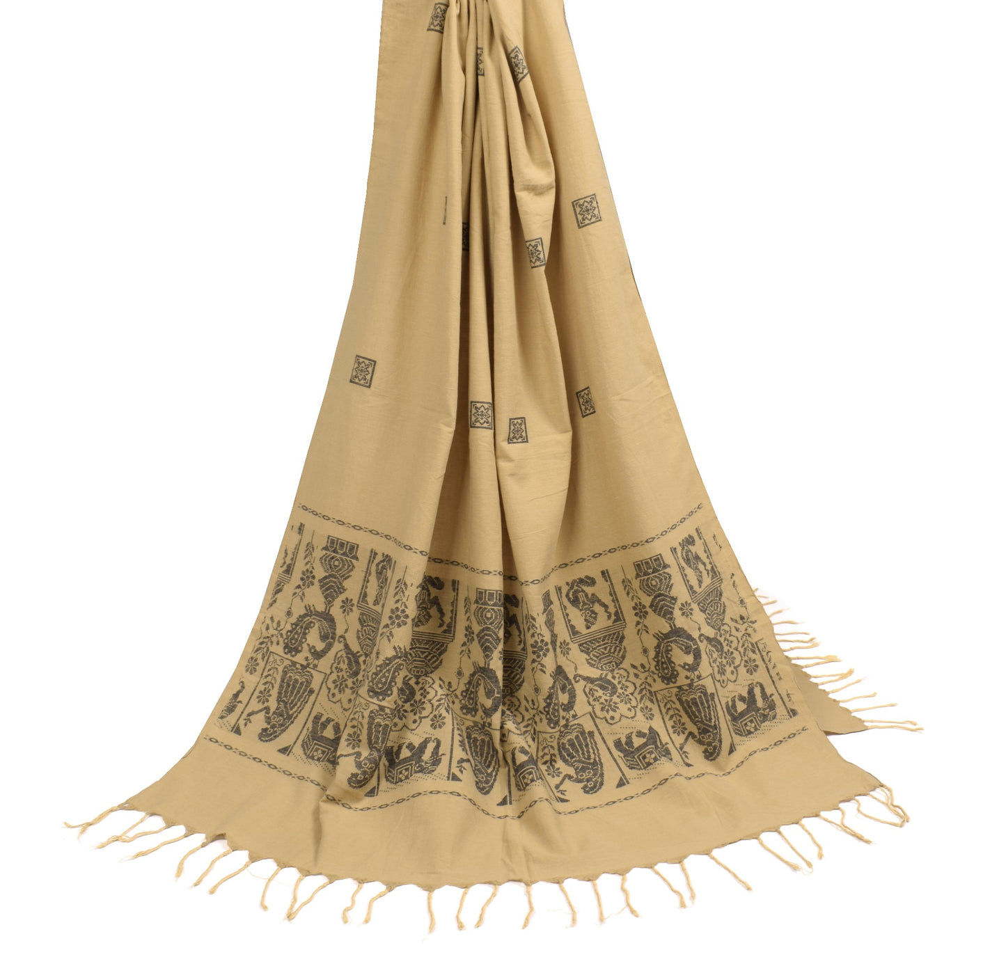 Sushila Vintage Ikat Handloom Dupatta Pure Cotton Brown Figure Woven Long Stole