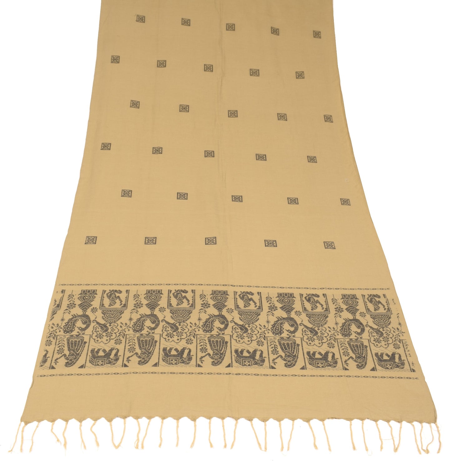 Sushila Vintage Ikat Handloom Dupatta Pure Cotton Brown Figure Woven Long Stole