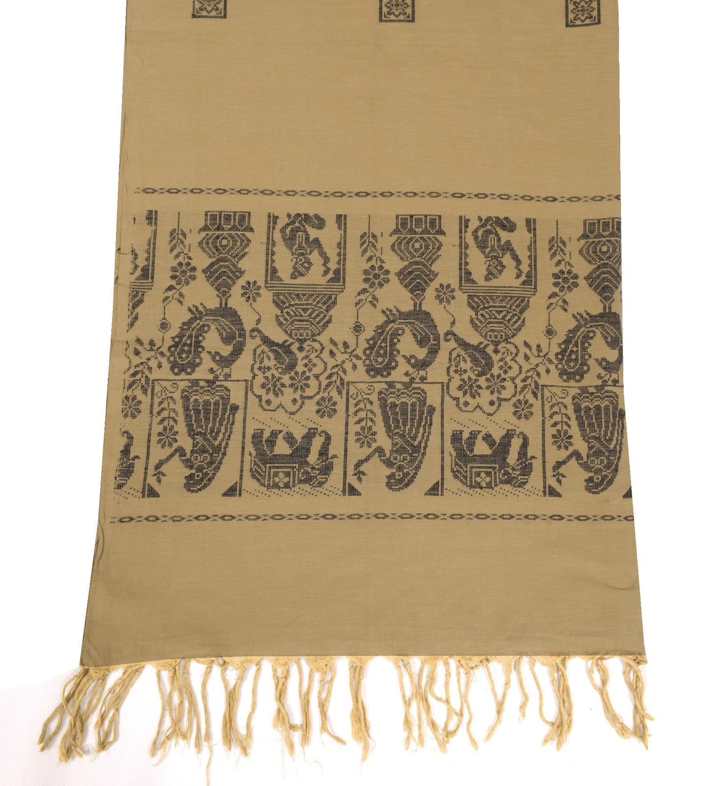 Sushila Vintage Ikat Handloom Dupatta Pure Cotton Brown Figure Woven Long Stole