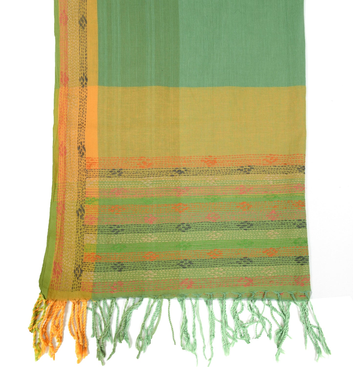 Sushila Vintage Green BRANDED Dupatta 100%Pure Cotton Handmade Kantha Long Stole