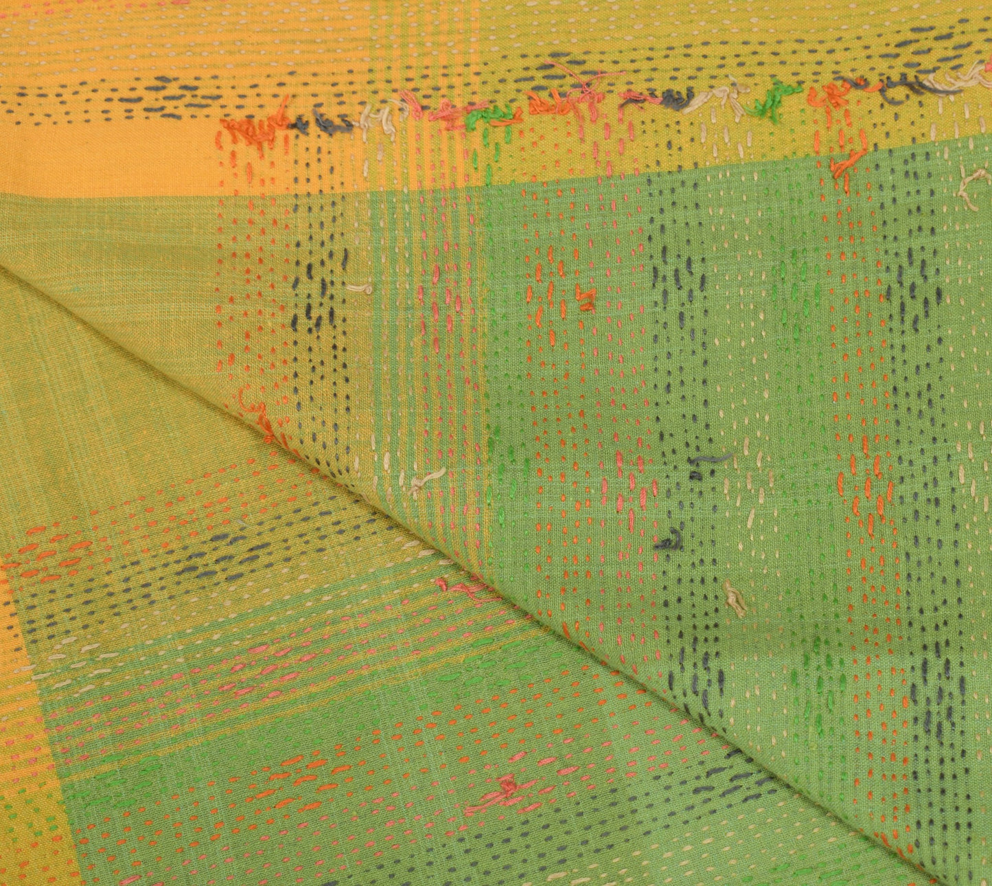 Sushila Vintage Green BRANDED Dupatta 100%Pure Cotton Handmade Kantha Long Stole