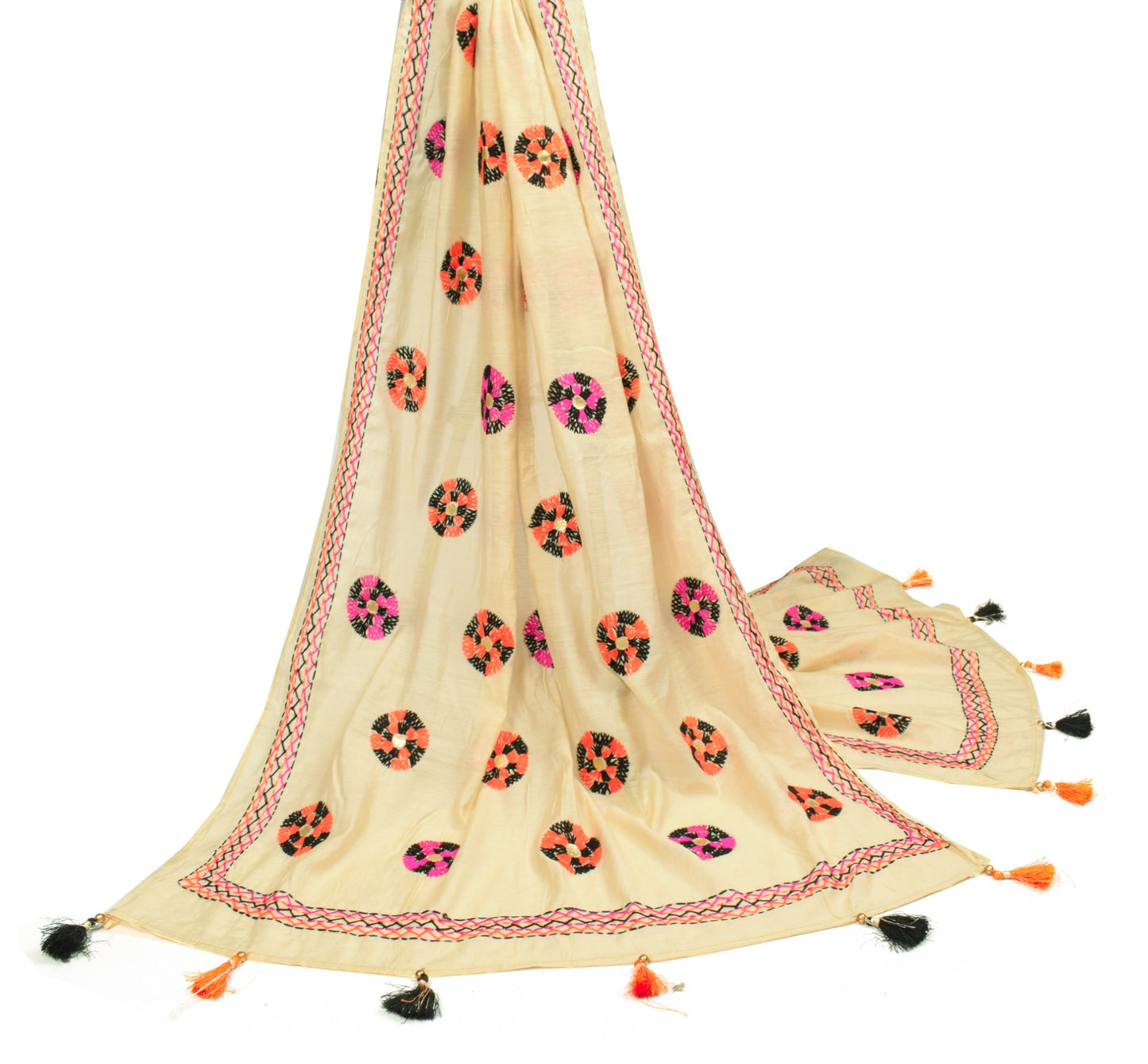 Sushila Vintage Cream Dupatta 100% Pure Cotton Silk Hand Embroidered Long Stole