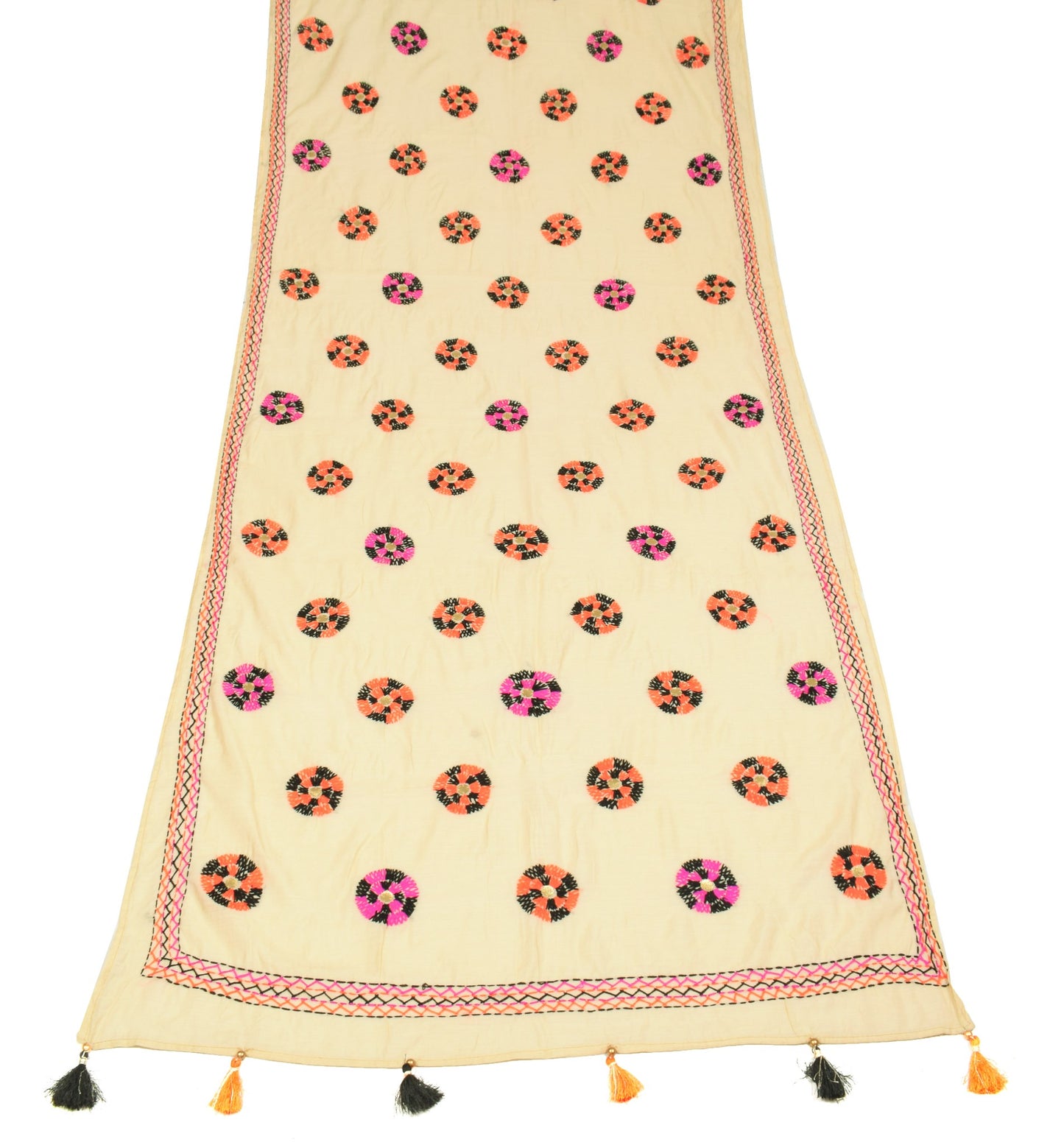 Sushila Vintage Cream Dupatta 100% Pure Cotton Silk Hand Embroidered Long Stole