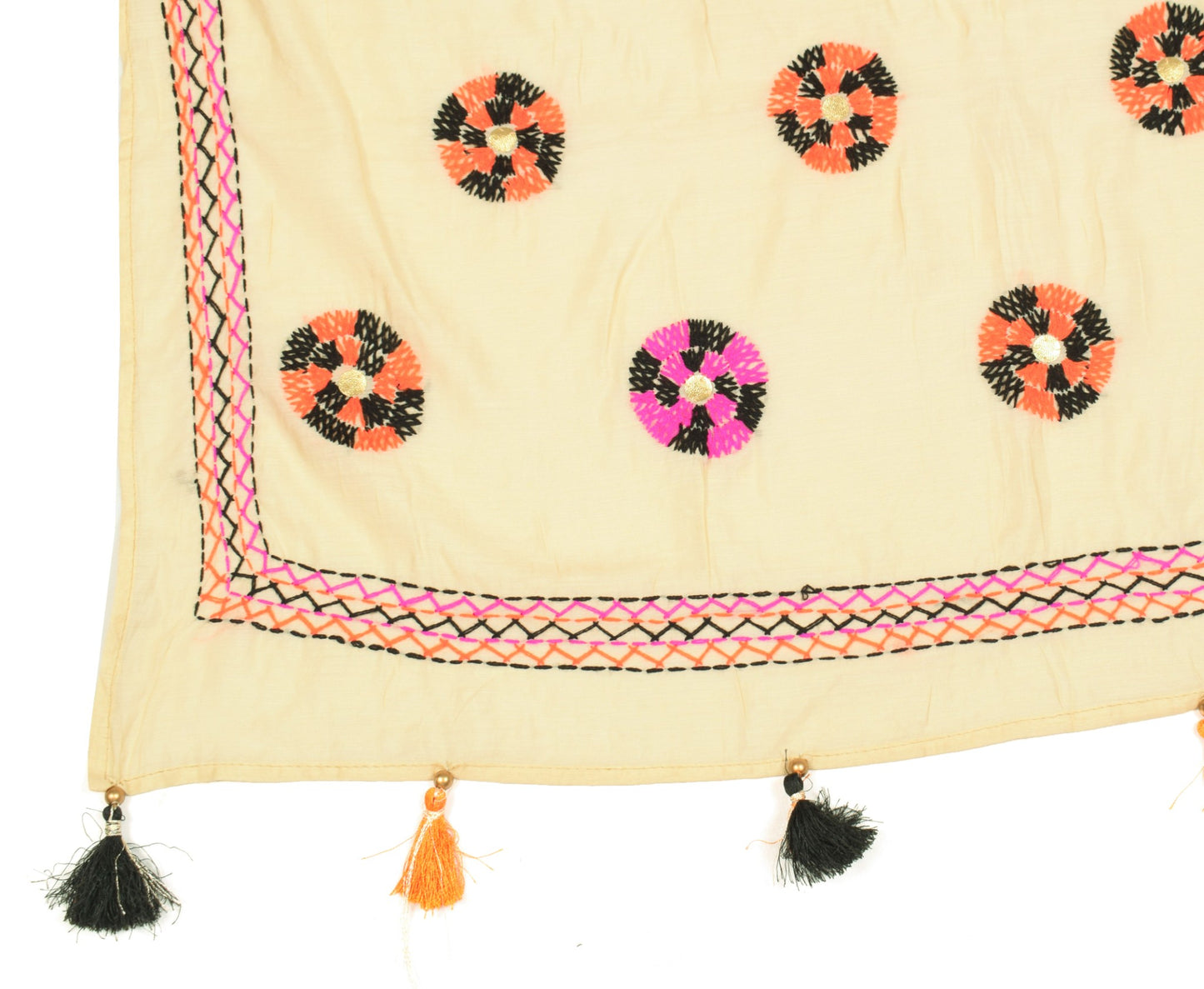 Sushila Vintage Cream Dupatta 100% Pure Cotton Silk Hand Embroidered Long Stole