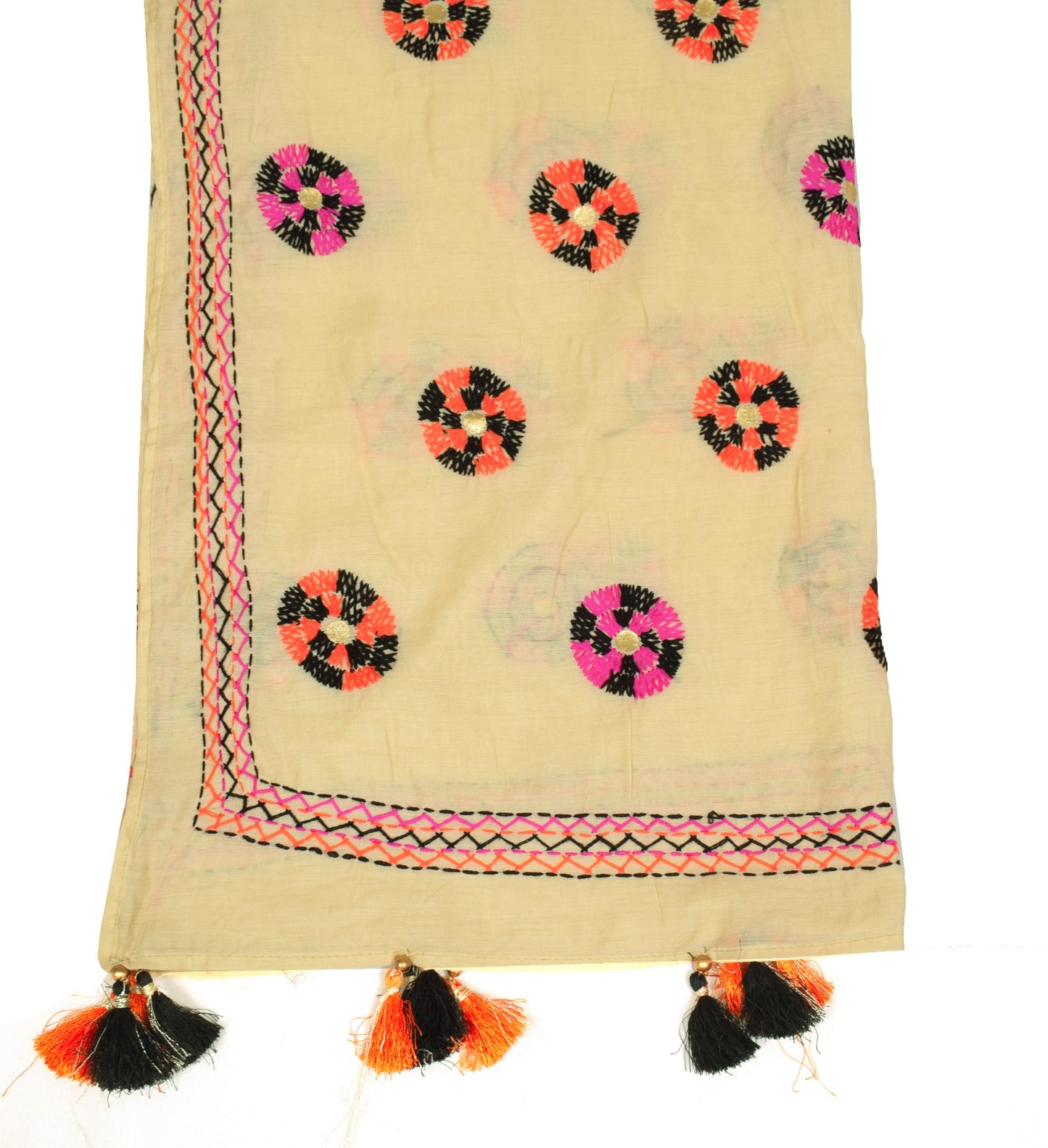 Sushila Vintage Cream Dupatta 100% Pure Cotton Silk Hand Embroidered Long Stole
