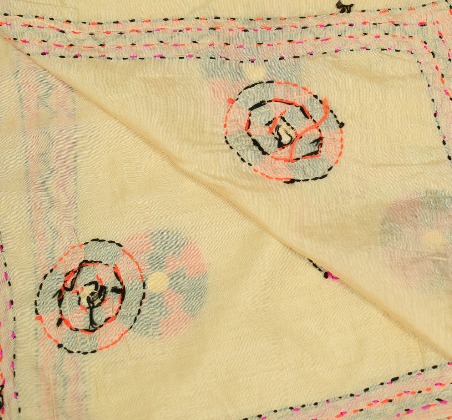 Sushila Vintage Cream Dupatta 100% Pure Cotton Silk Hand Embroidered Long Stole