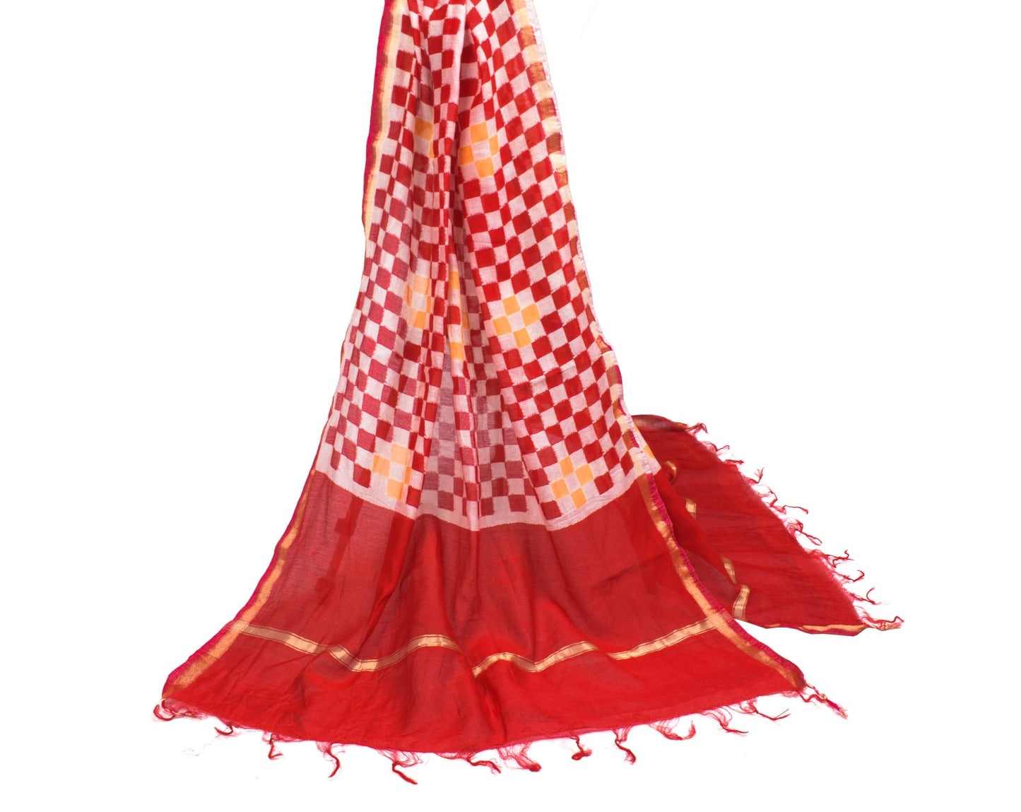 Sushila Vintage Red Checks Dupatta 100% Pure Cotton Silk Printed Long Stole Wrap