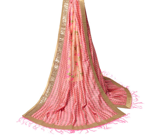 Sushila Vintage Peach Dupatta Hand Print with Mirror Border Pure Silk Long Stole