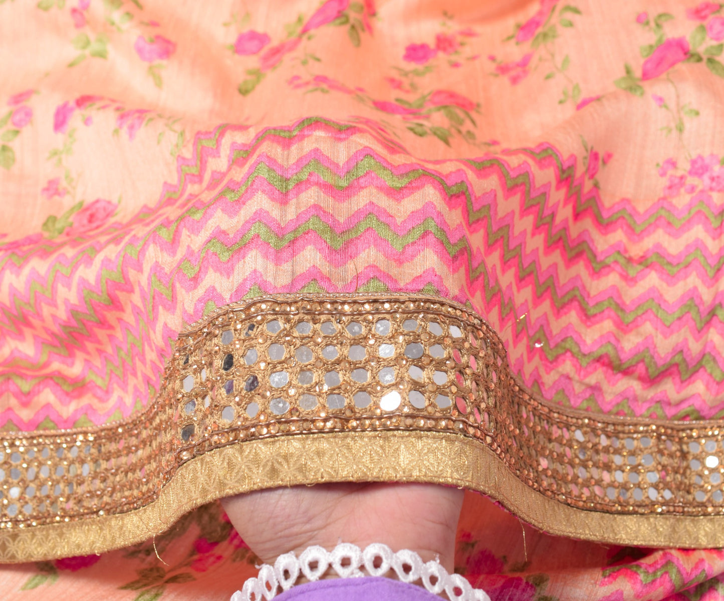 Sushila Vintage Peach Dupatta Hand Print with Mirror Border Pure Silk Long Stole