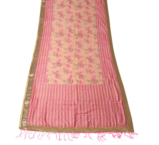 Sushila Vintage Peach Dupatta Hand Print with Mirror Border Pure Silk Long Stole