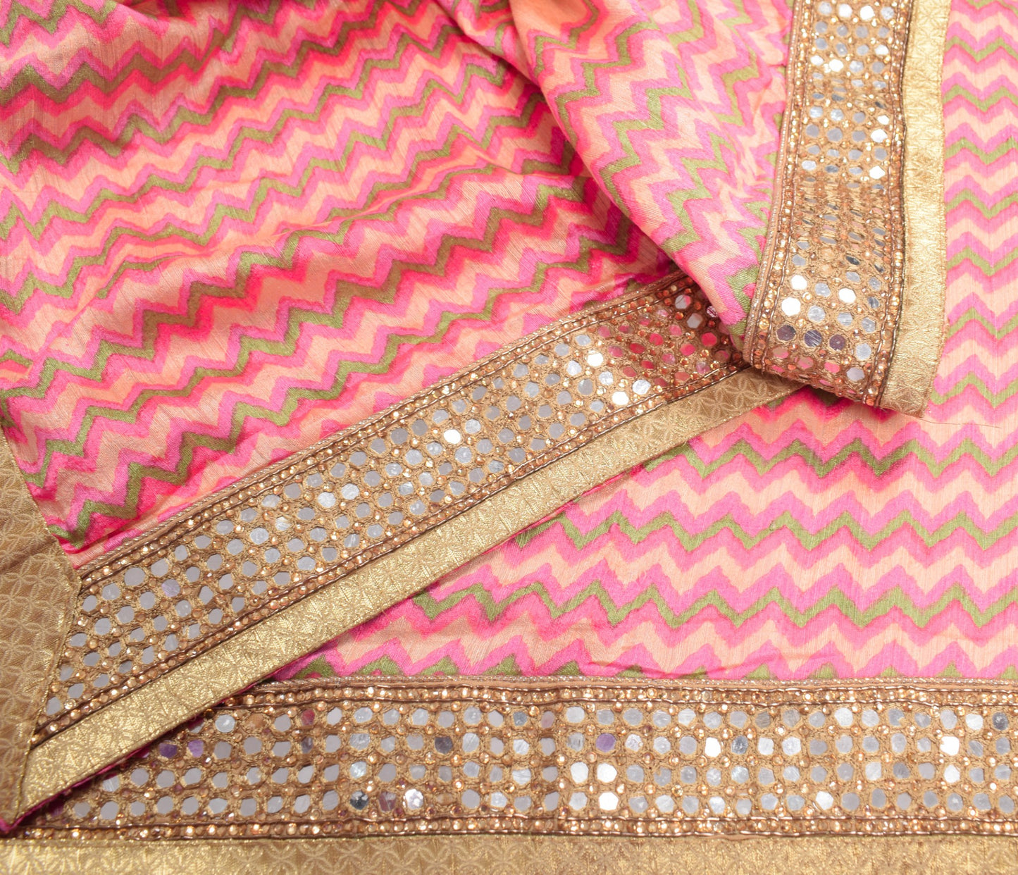 Sushila Vintage Peach Dupatta Hand Print with Mirror Border Pure Silk Long Stole