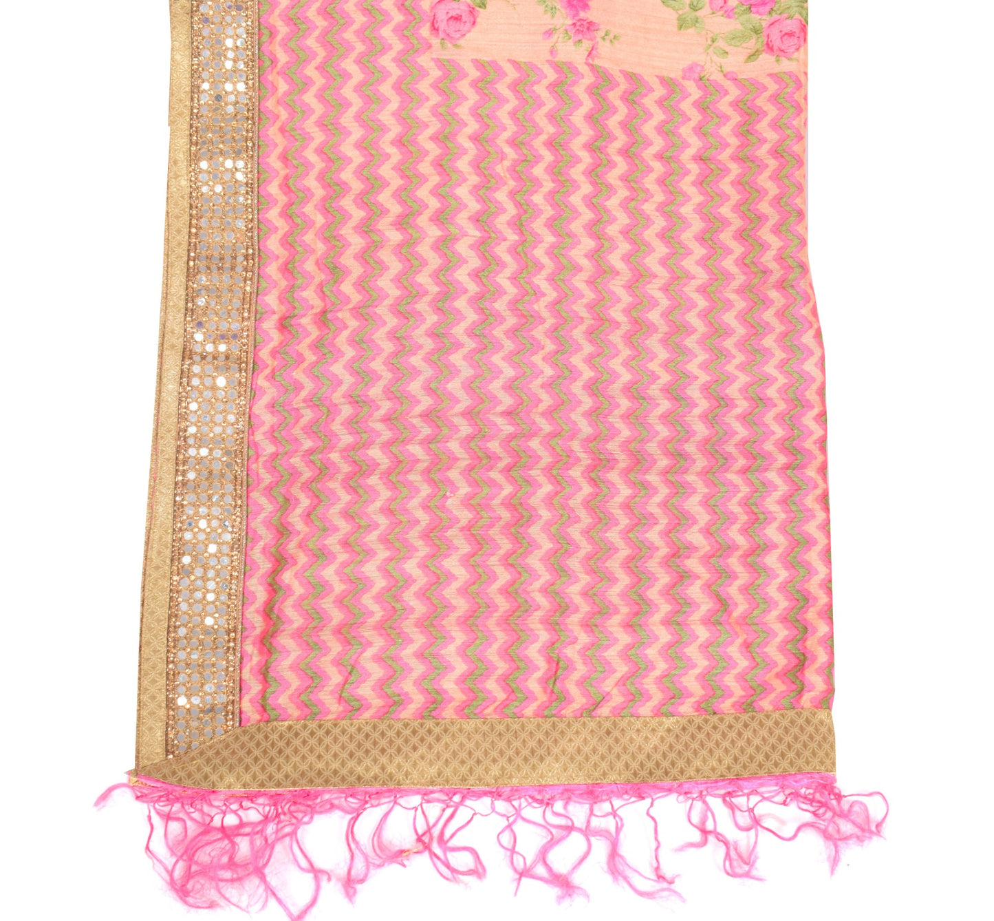 Sushila Vintage Peach Dupatta Hand Print with Mirror Border Pure Silk Long Stole