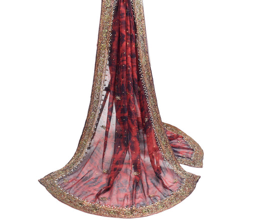 Sushila Vintage Tie-Dye Dupatta Pure Chiffon Glass Beads Embroidered Long Stole