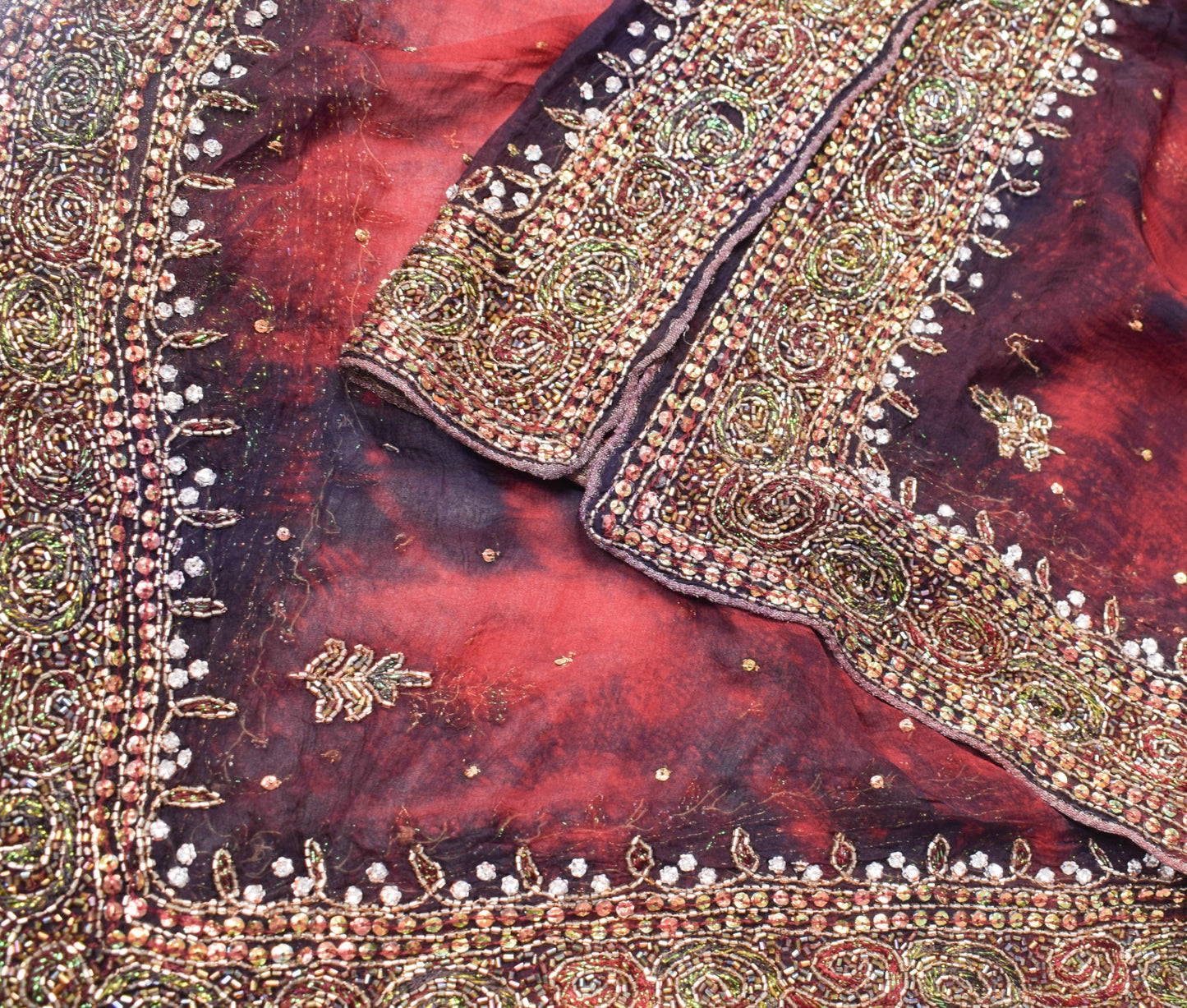 Sushila Vintage Tie-Dye Dupatta Pure Chiffon Glass Beads Embroidered Long Stole