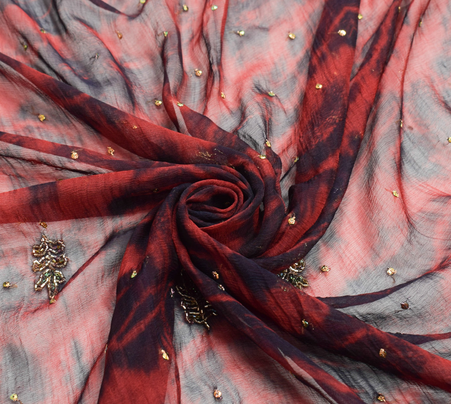 Sushila Vintage Tie-Dye Dupatta Pure Chiffon Glass Beads Embroidered Long Stole