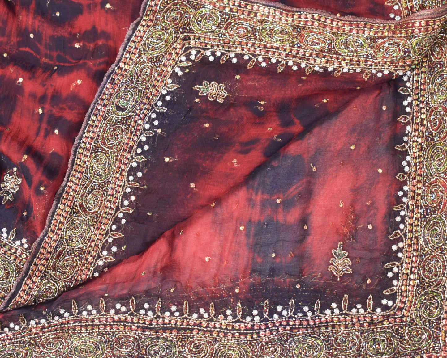 Sushila Vintage Tie-Dye Dupatta Pure Chiffon Glass Beads Embroidered Long Stole