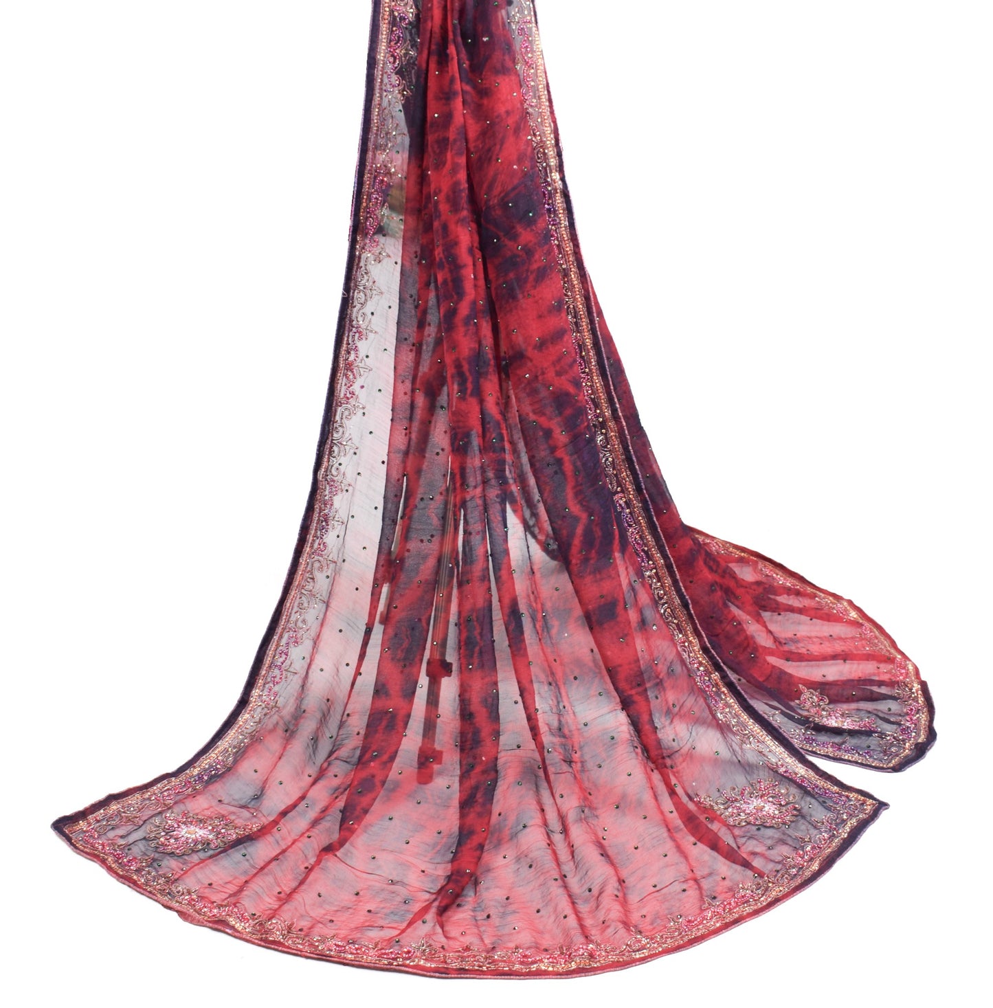 Sushila Vintage Red Black Tie-Dye Dupatta Pure chiffon Hand Beaded Long Stole