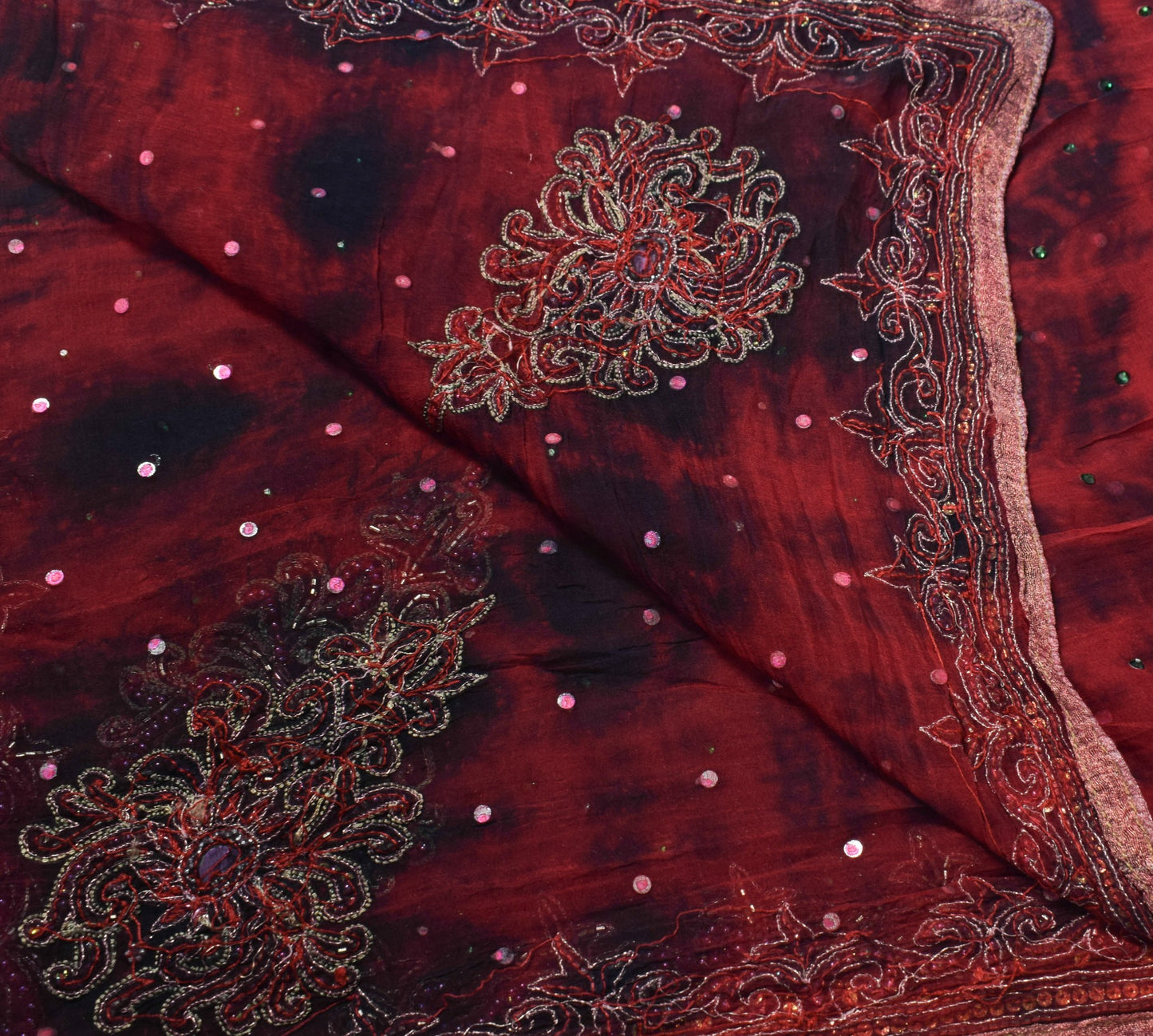 Sushila Vintage Red Black Tie-Dye Dupatta Pure chiffon Hand Beaded Long Stole