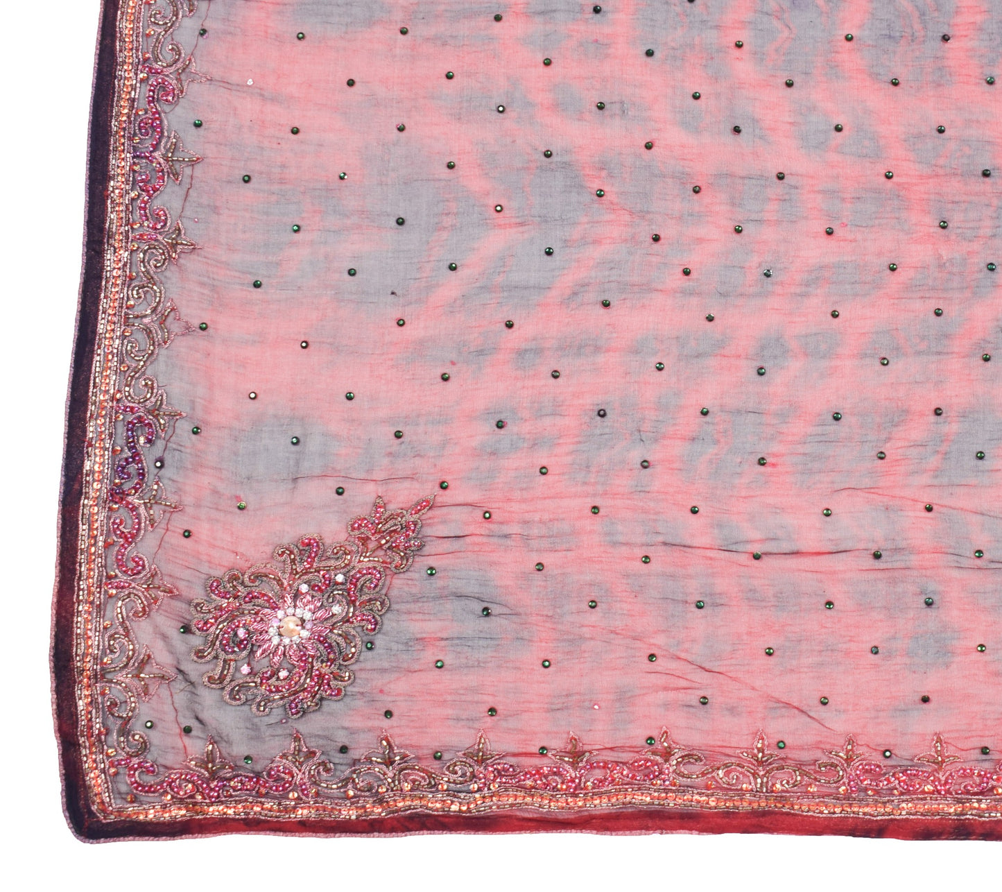 Sushila Vintage Red Black Tie-Dye Dupatta Pure chiffon Hand Beaded Long Stole